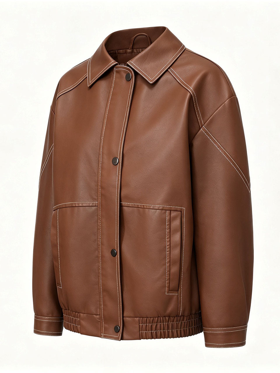 Dark Brown Contrast Stitch Faux Leather Bomber Jacket