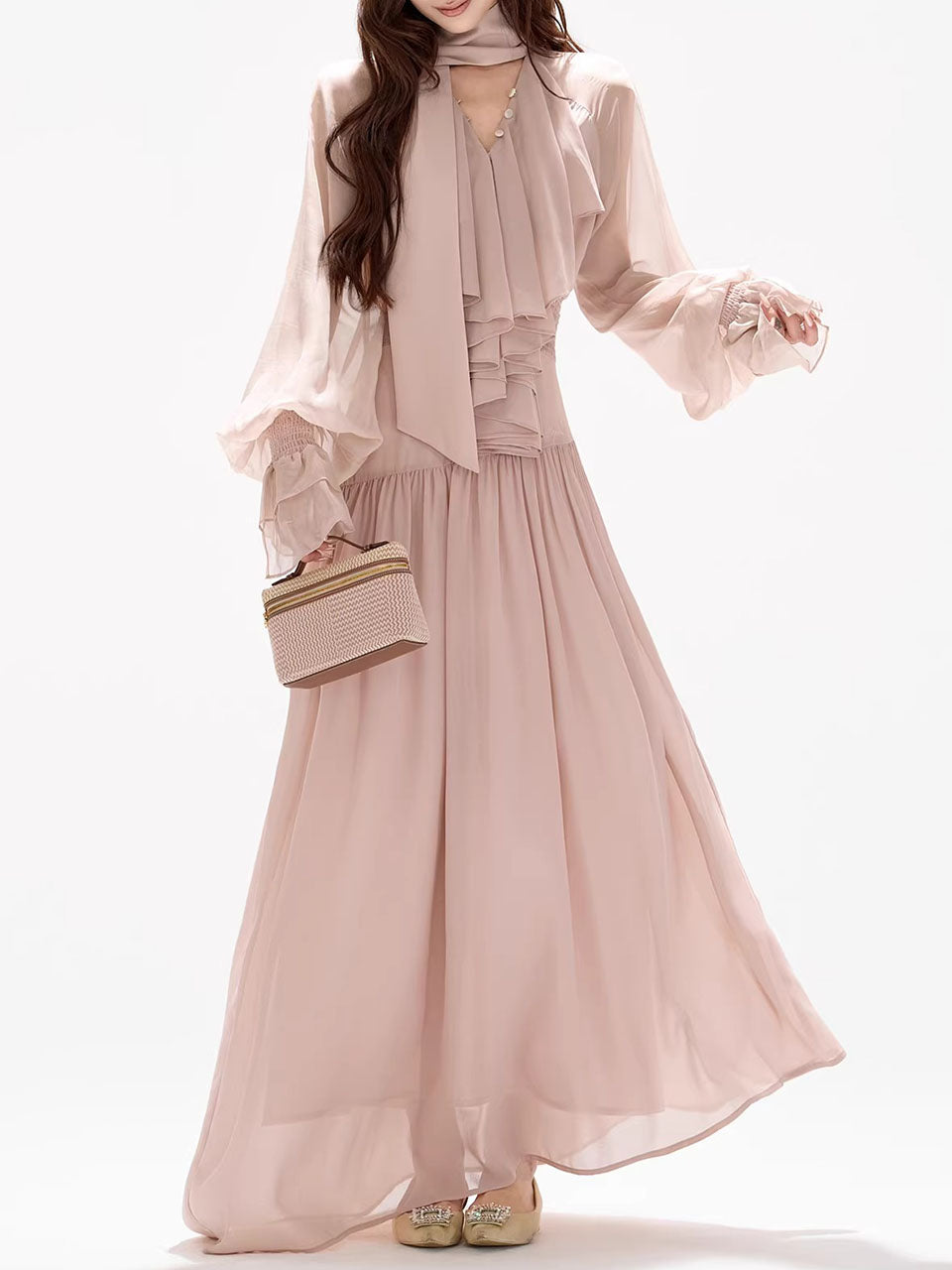 Pink Flowy Chiffon Maxi Dress