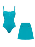 2PS Turquoise Blue Button-Front One-Piece Swimsuit & Pocket Mini Skirt Cover-Up Set