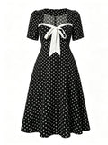 Vintage Black Polka Dot Bow Tie Swing Dress