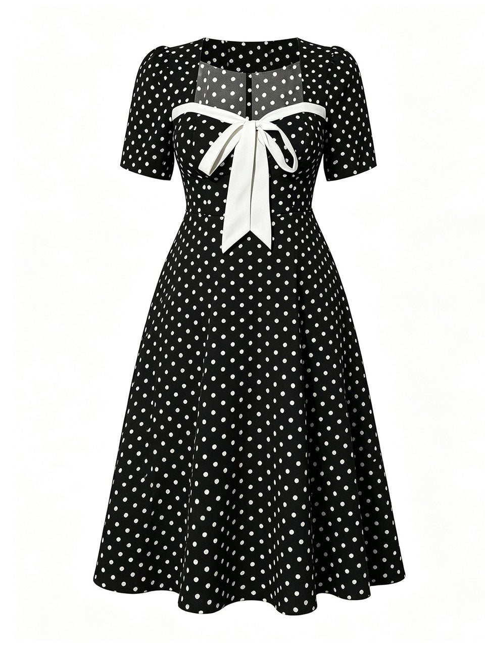 Vintage Black Polka Dot Bow Tie Swing Dress