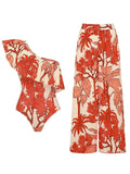 Red Tropical Print One-Shoulder Ruffle Swimsuit & Wide-Leg Pants Set