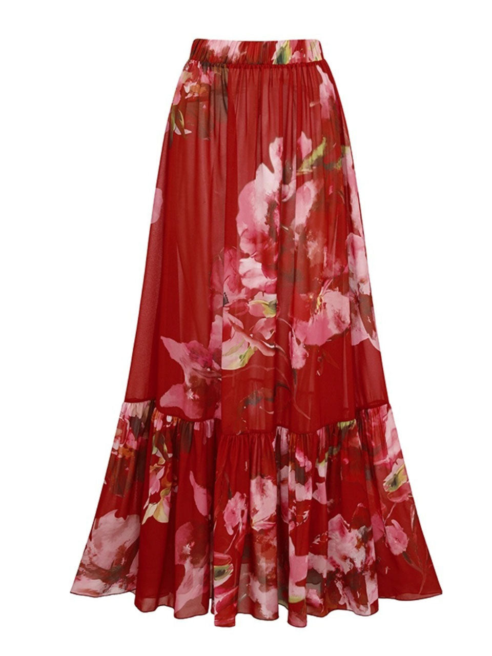2PS Red Floral One-Piece Swimsuit and Sheer Maxi Cover-Up Skirt Set