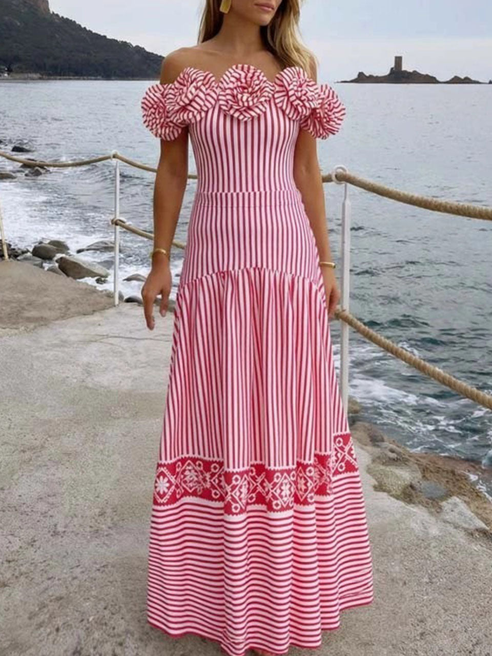 Barbiecore Pink and White Vertical Striped Strap Flowers One-Piece Swimsuit
