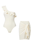 White One-Shoulder Scallop Cutout Swimsuit Tie-Front Sarong Skirt Set