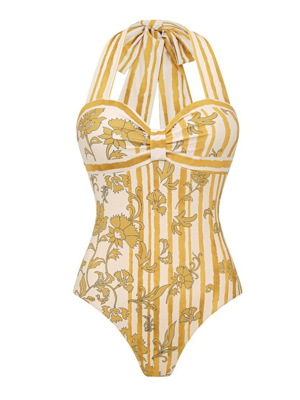 Yellow Floral Striped Halter Swimsuit & Tiered Ruffled Maxi Skirt Set
