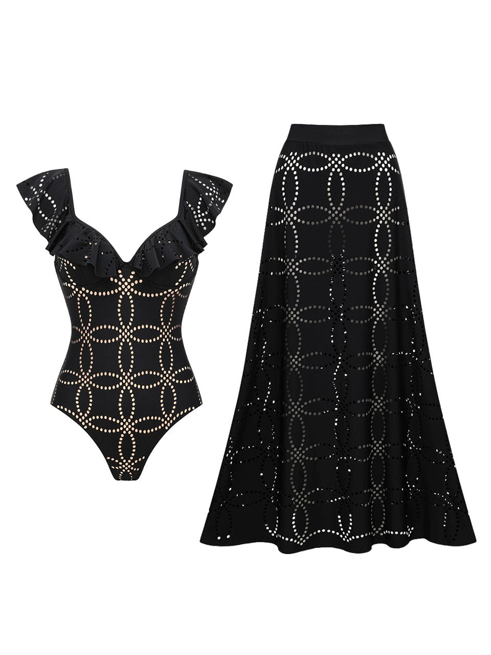 Black Eyelet Ruffle One Piece Swimsuit