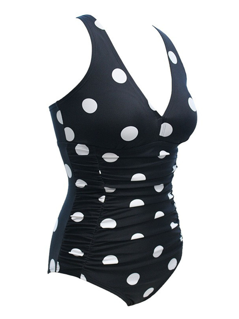 One Piece Swimsuit Retro Polka Dot Bathing Suit V Neck Ruched Tummy Control Monokini