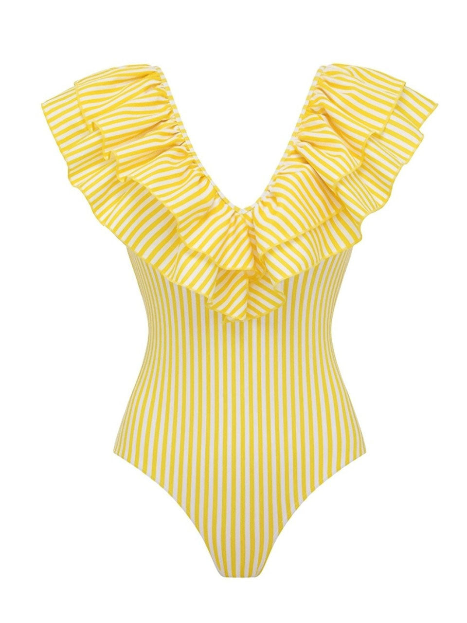 Yellow Striped Ruffle V-Neck One Piece Swimsuit