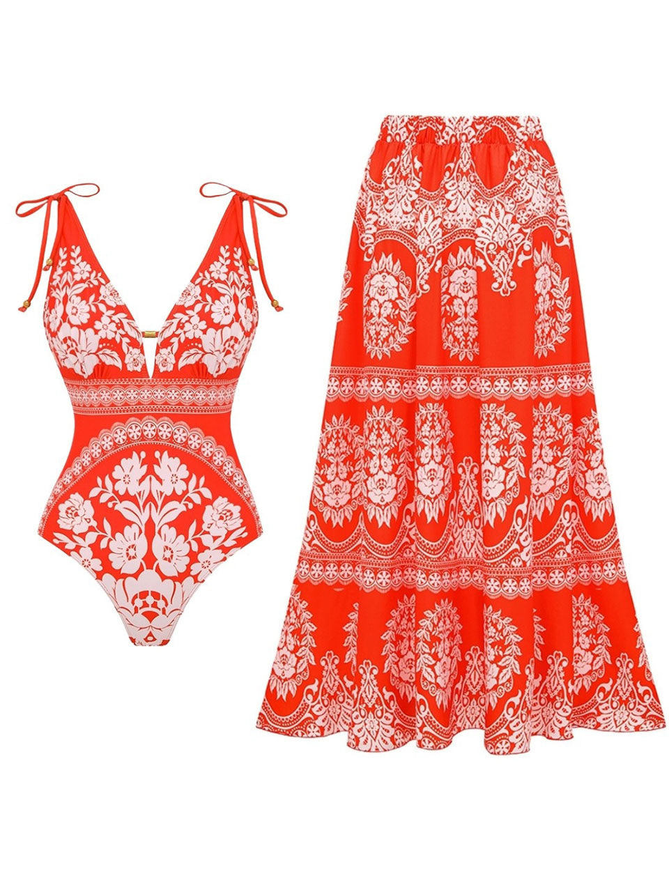 Red Floral Bohemian One Piece Swimsuit