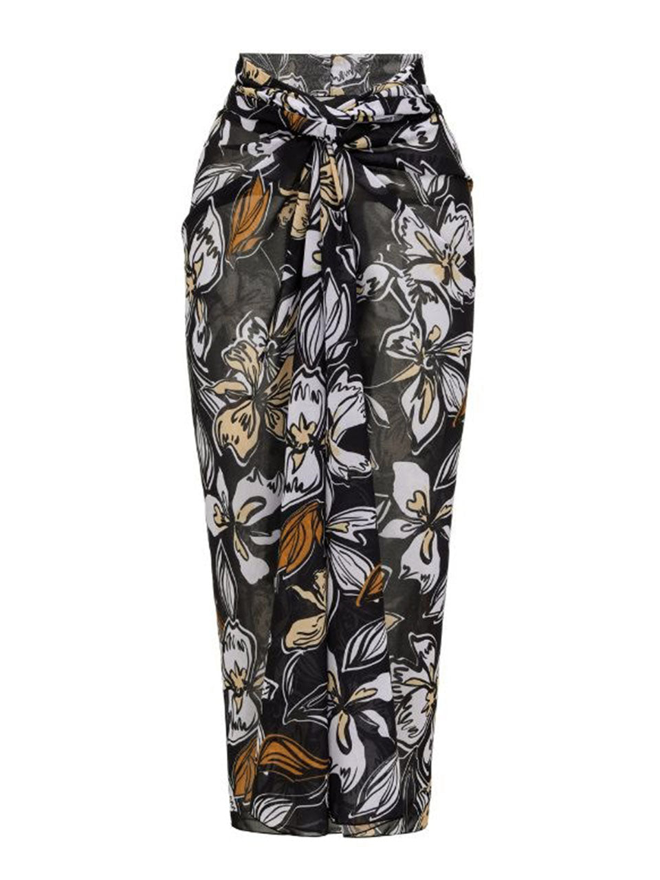 Black and Brown Floral Print Criss-Cross One-Piece Swimsuit and Sheer Sarong Set