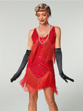 1920s Flapper Dress Gatsby Costume Red Sequined Tiered Fringe Party Dress