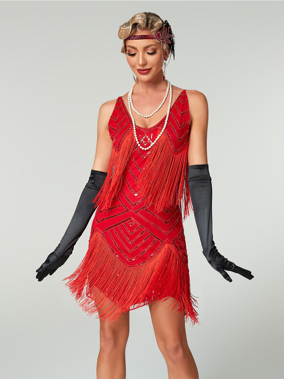 1920s Flapper Dress Gatsby Costume Red Sequined Tiered Fringe Party Dress