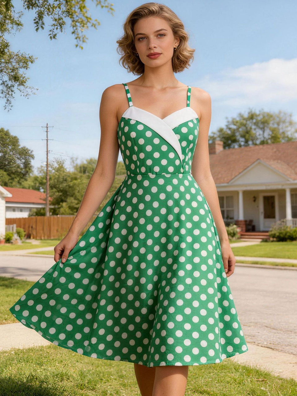 1950s Yellow Polka Dot  Lapel Strap Midi Dress