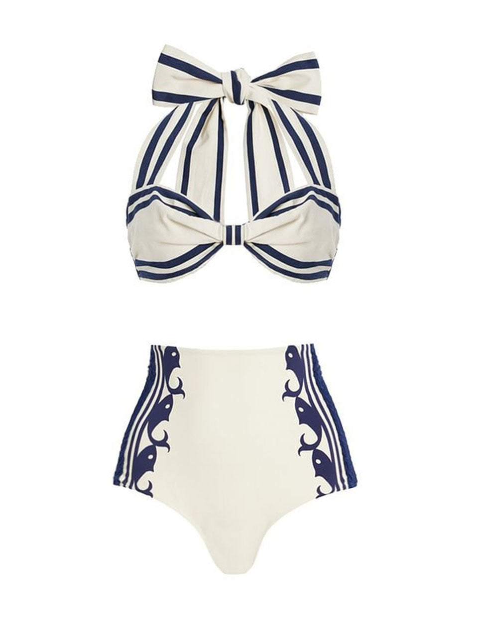Retro Sailor Striped High Waisted Swimsuit 3-Piece Bikini Set Bow Halter Bikini and Shorts