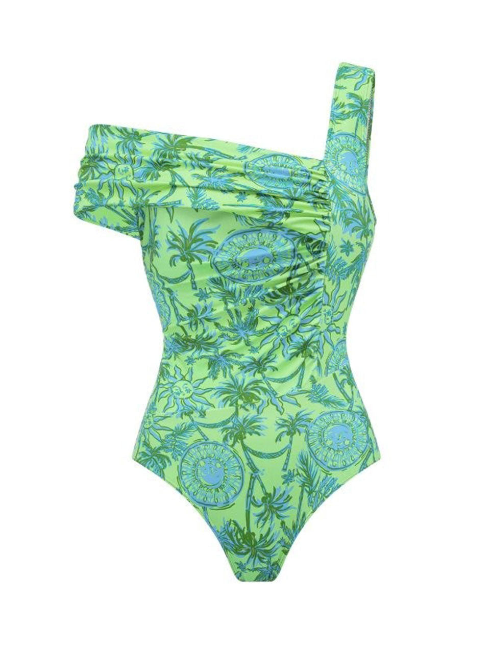 2PS Green One Shoulder Ruched Tropical Swimsuit