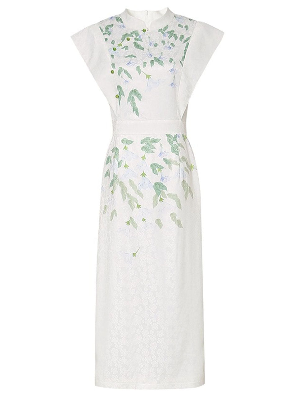 White Satin Green Leaves Flying Sleeves Print Vintage Dress