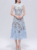 Baby Blue Floral Sheer Lace Sleeveless Cutout A-Line Midi Dress