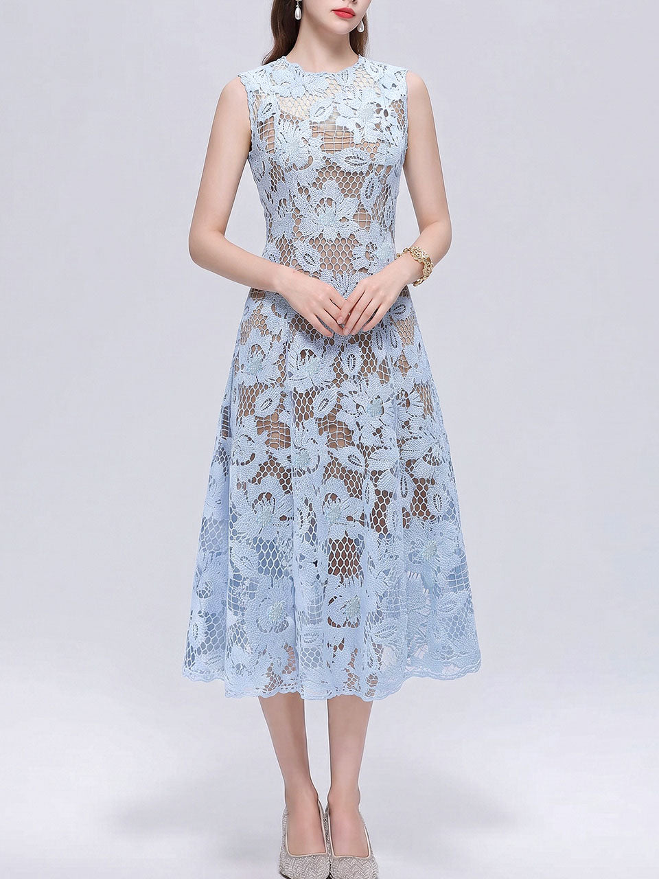 Baby Blue Floral Sheer Lace Sleeveless Cutout A-Line Midi Dress