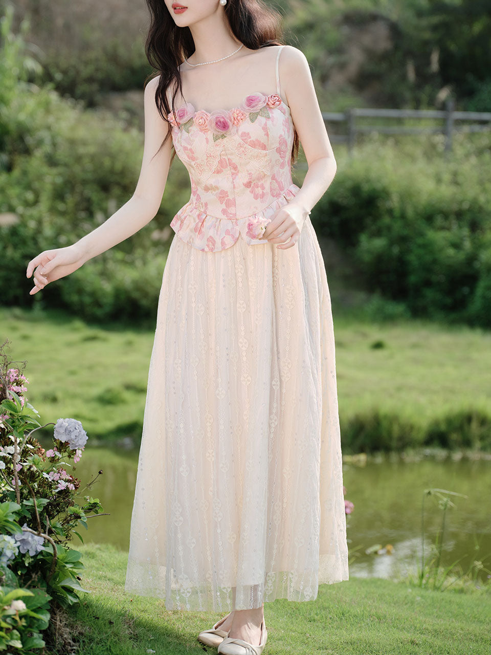 2PS Pink Rose Spaghetti Strap 1950S Swing Victoria's Fairy Dress