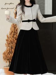 White Crew Neck Tweed Coat and Black Skirt Vintage Set