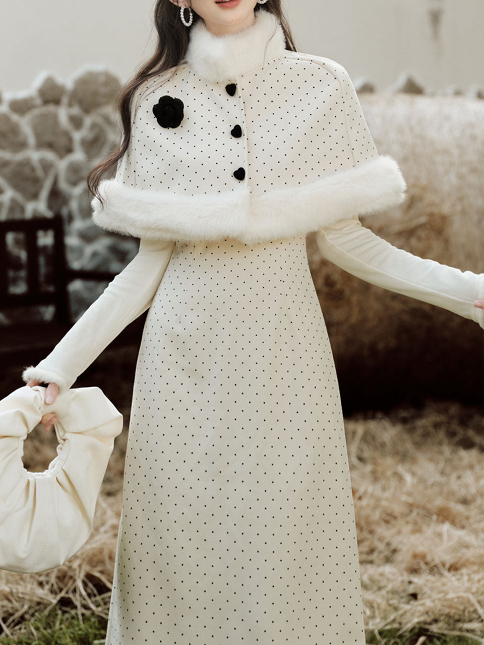 White Polka Dots Fluffy Cape Vintage Two-Piece Dress Set