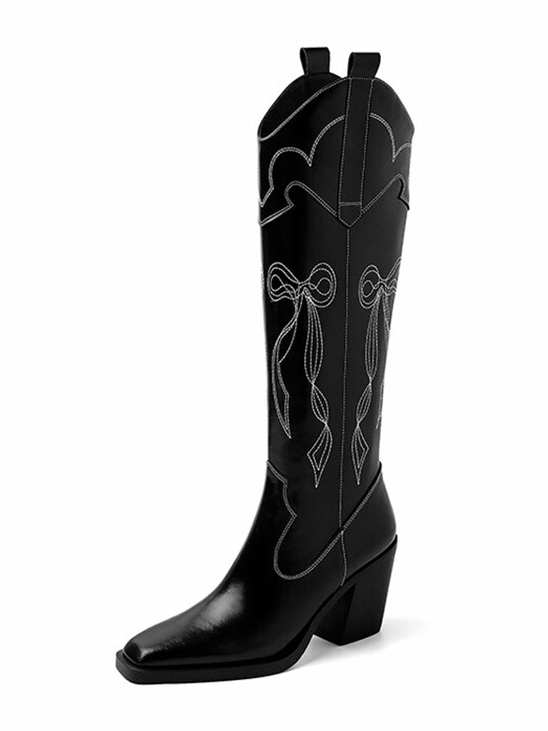 Boots Pointed Toe Chunky Heel Bohemian Embroidery Knee High Boots