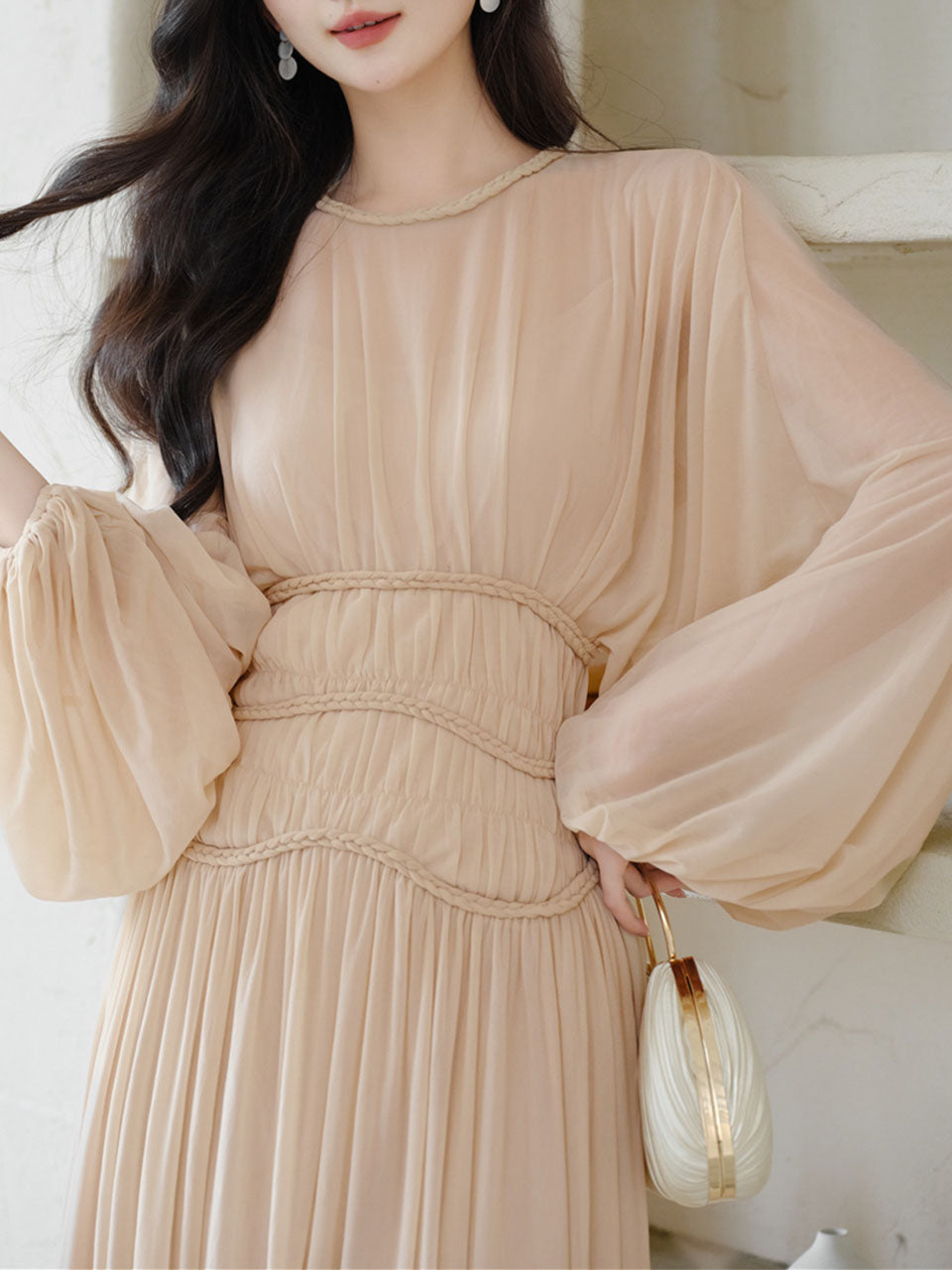 Nude Puff Long Sleeve Pleated Vintage Maxi Dress