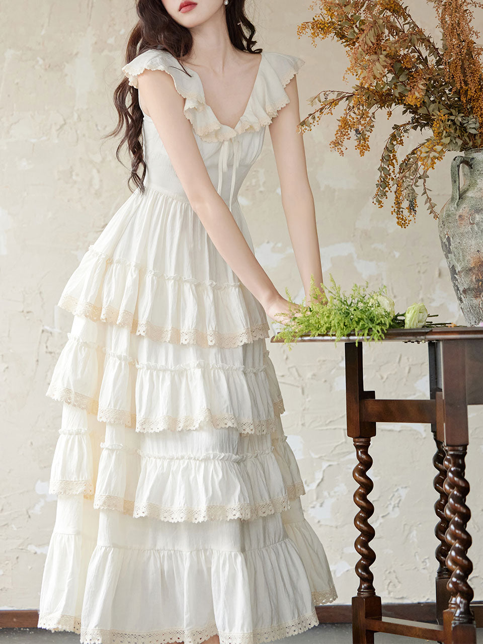White Ruffles V Neck Layered Lace Maxi Vintage Dress