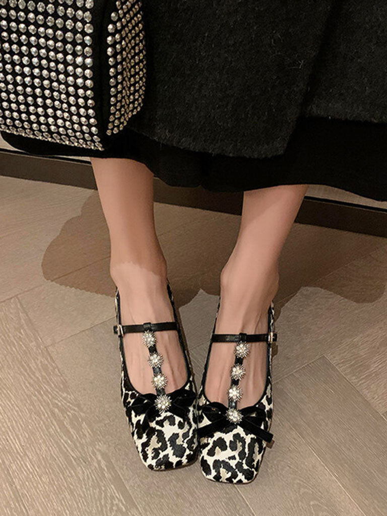 Flat Heel Leopard Square Toe T-strap Rhinestone Vintage Shoes