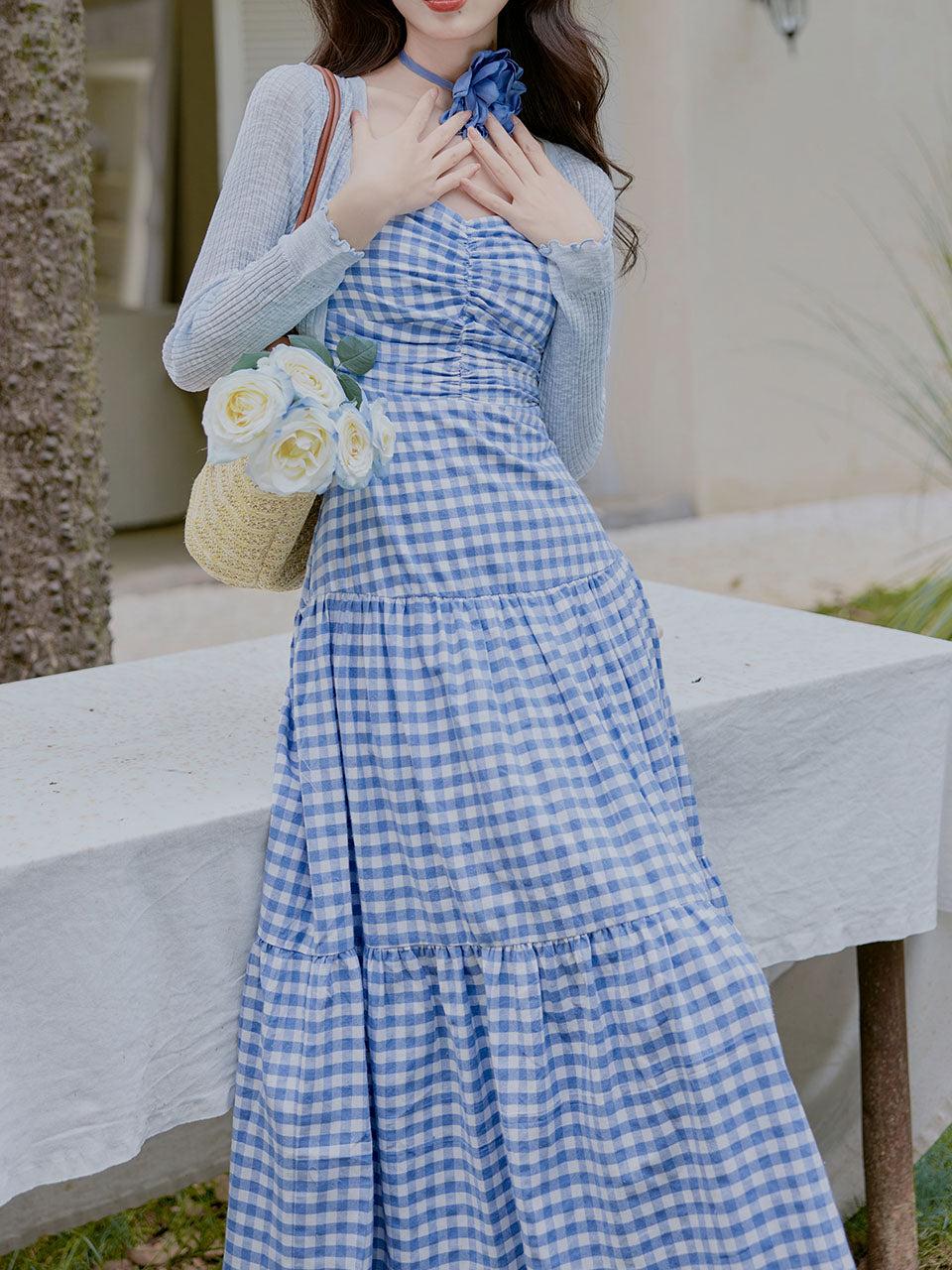 3PS Blue Plaid Spaghetti Strap Dress