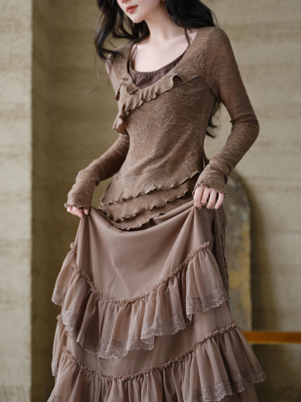 1950S Vintage Brown Rose Top and Swing Skirt Set