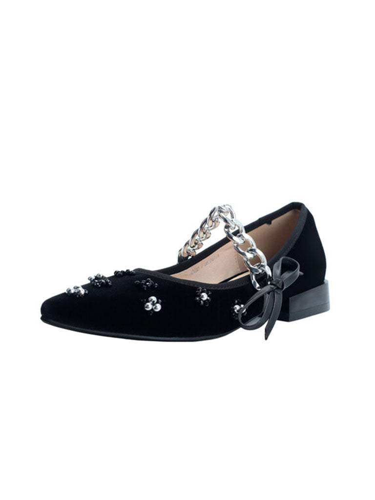 Flat Heel Pointed Toe Hollow Belt Velvet Pearl Vintage Shoes