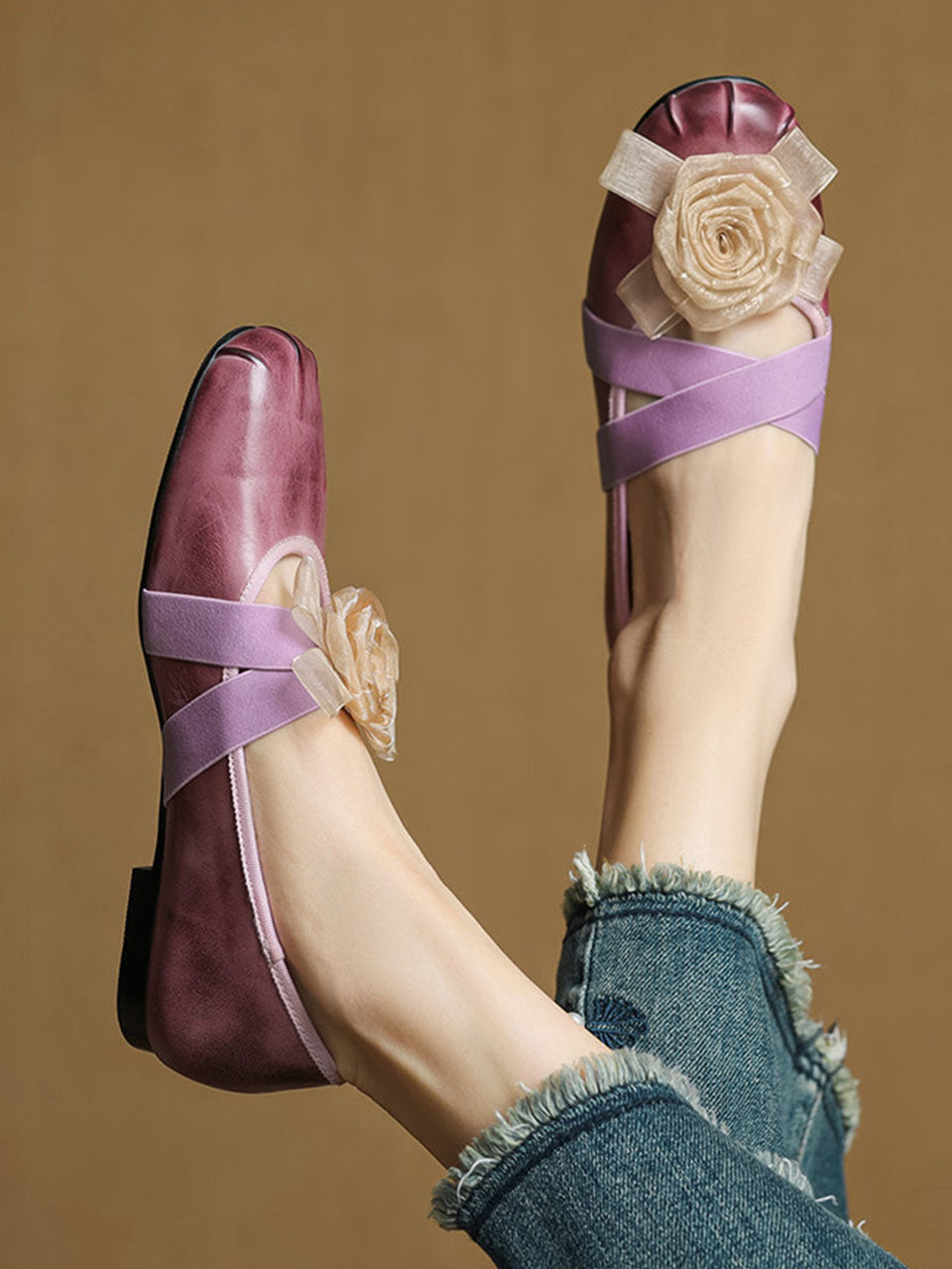 Purple Handmade Floral Washed Leather Cross Elastic Mary Jane Flat Heel Shoes