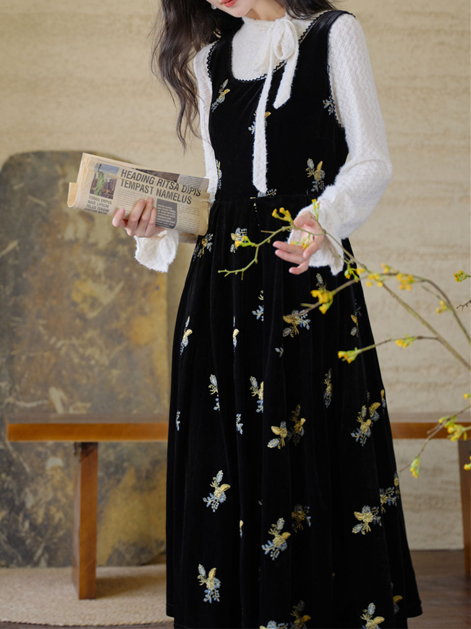 Two-Piece Set White Brushed-Lace Sweater and Black Floral Embroidered Velvet Dress