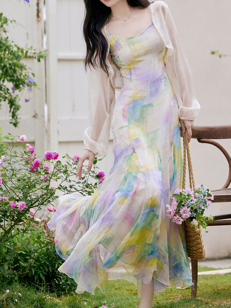 2PS Rainbow Spaghetti Strap 1950S Vintage Dress