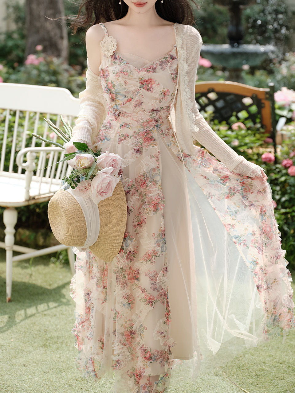 2PS Pink Spaghetti Strap Floral Mesh Ruffles Fairycore Dress