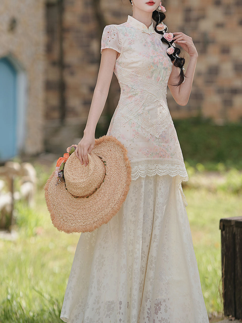 Pink Pastel Floral Lace Cheongsam Dress