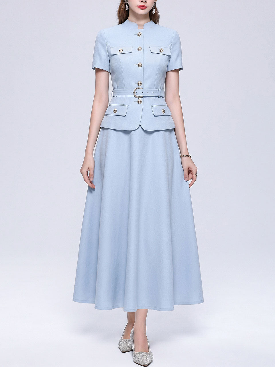 Elegance Baby Blue Short Sleeve Skirt Suit Set Elegant Work Midi Dress
