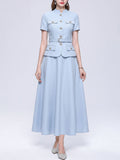 Elegance Baby Blue Short Sleeve Skirt Suit Set Elegant Work Midi Dress
