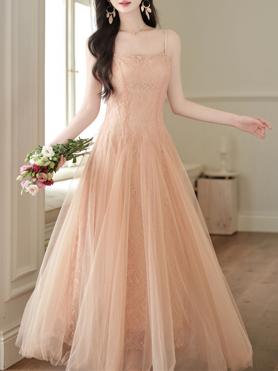 Balletcore Style Pink Mesh Flared Spaghetti Strap Maxi Dress