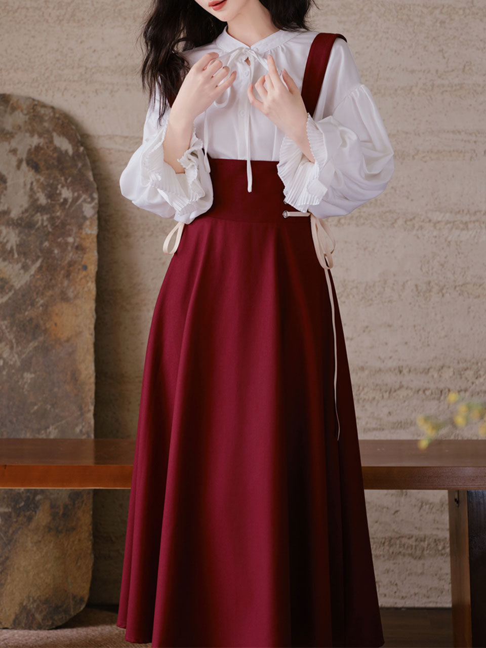 2PS White Long Sleeve Blouse And Red Supender Skirt Dress Set