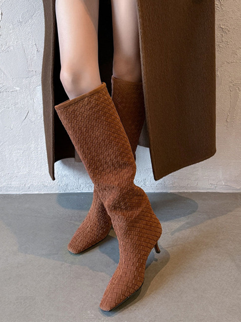 Suede Knit High Heel Knee High Boots Vintage Shoes