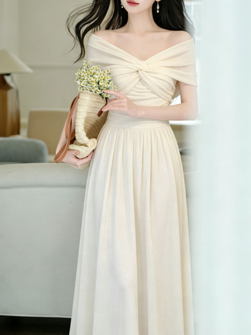 White Off Shoulder Sweetheart Vintage Wedding Maxi Dress