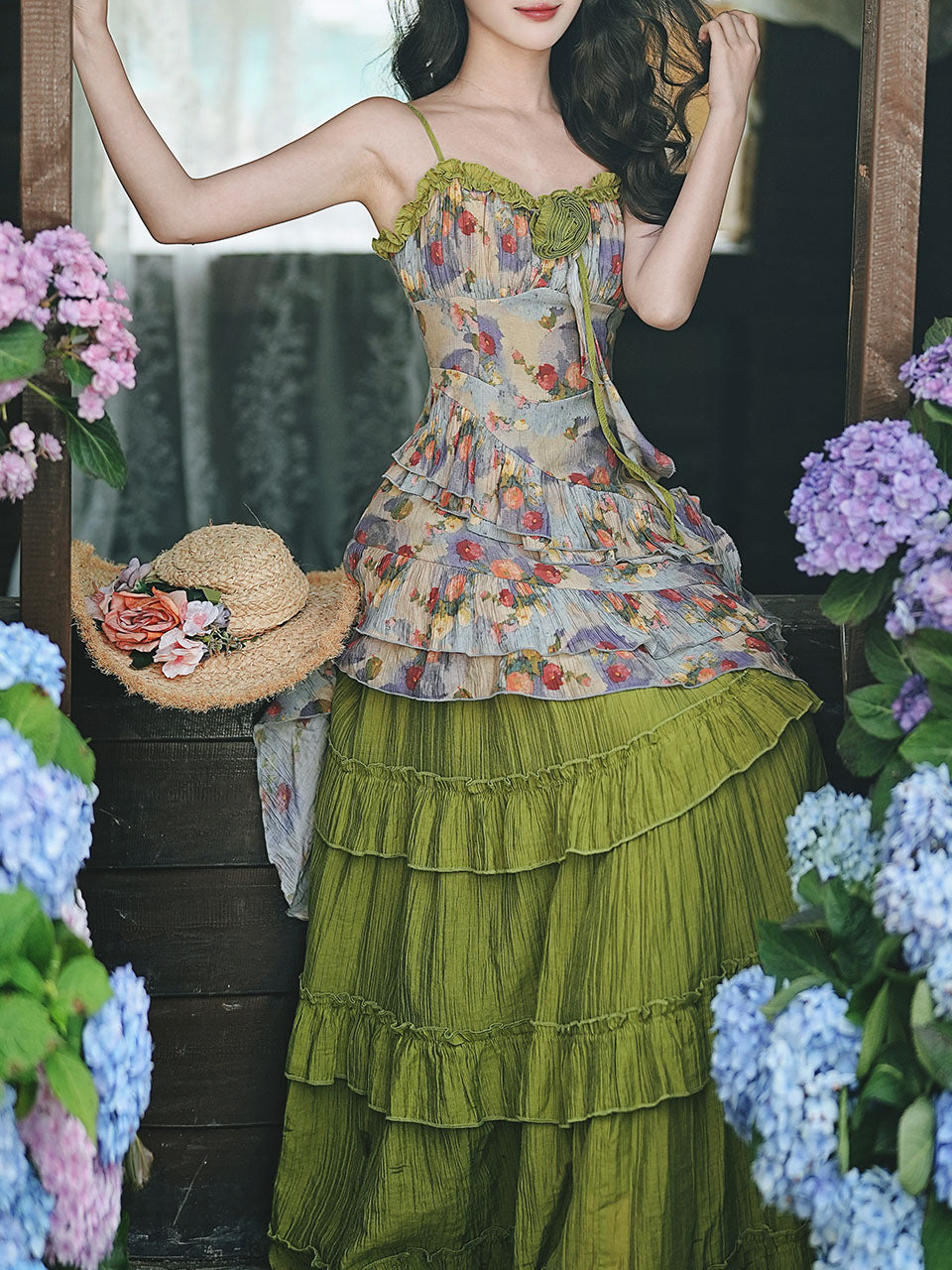2PS Boho Gypsy Floral Asymmetrical Maxi Dress Whimsical Green Crinkled Tiered Ruffle Dress for Festival