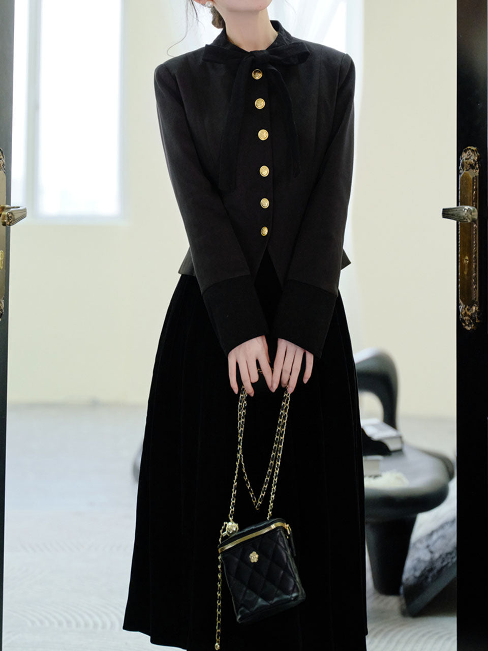 Black Bowknot Collar Gold Buttons Winter Coat and Black Skirt Vintage Set