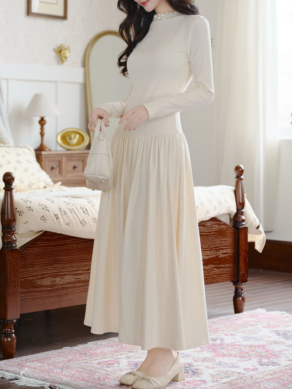 White Two-Piece Set Pearl Beaded Long Sleeve Dress