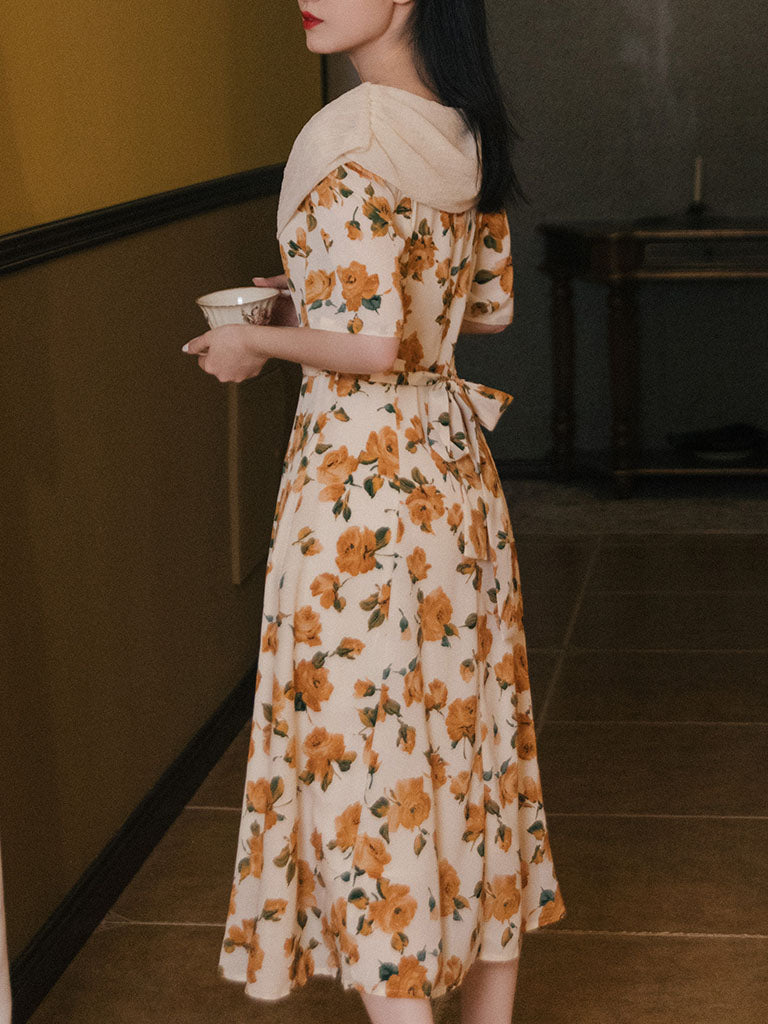 Orange Rose Print Off Shoulder Short Sleeves 50S Chiffon Dress