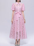 Pink Floral Lace Puff Short Sleeves A-Line Midi  Shirt Dress