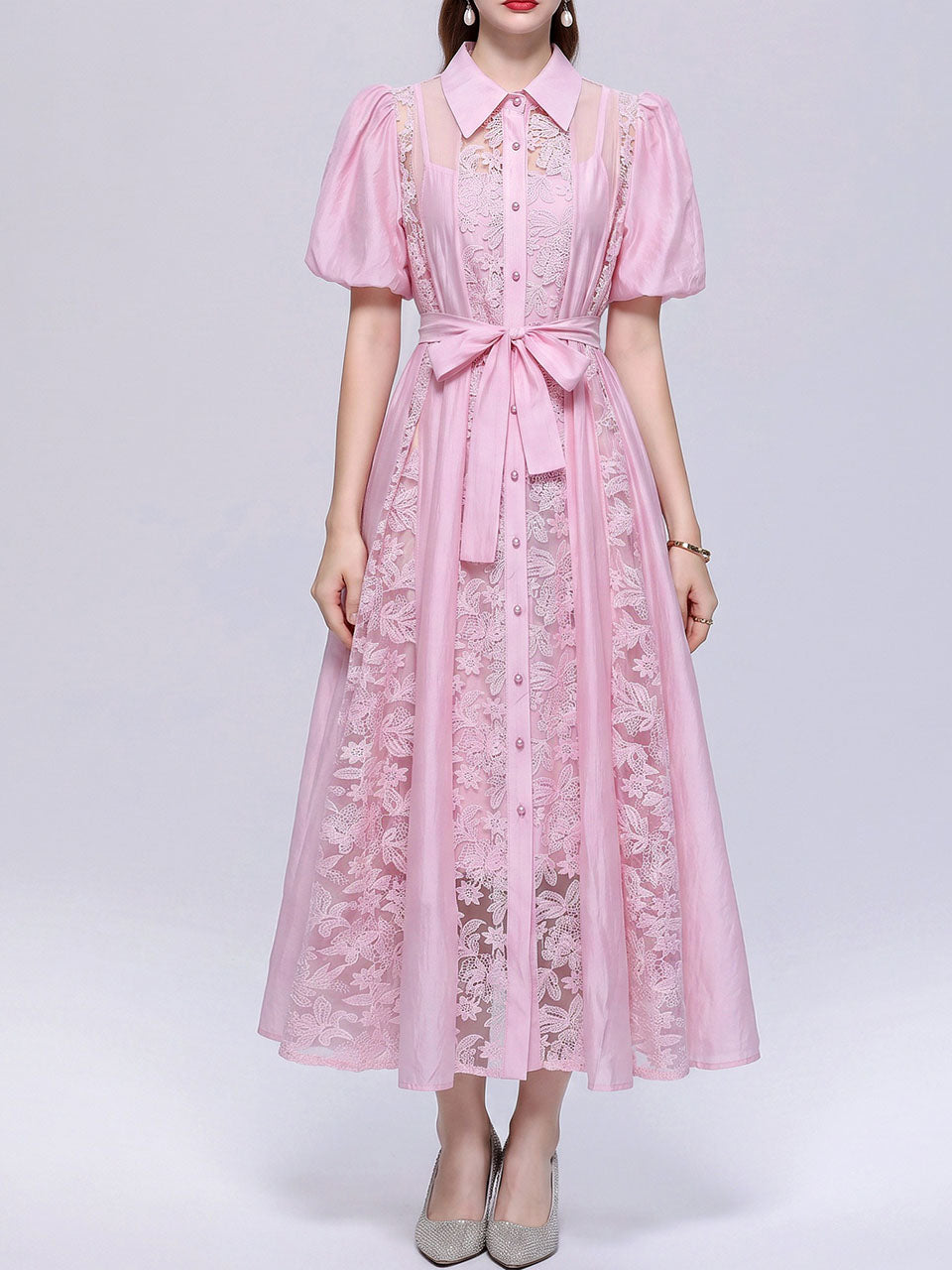 Pink Floral Lace Puff Short Sleeves A-Line Midi  Shirt Dress